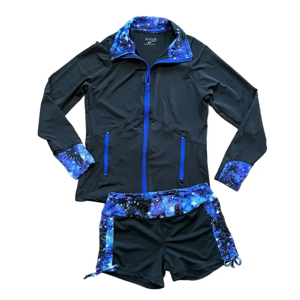 AVIVA Activewear Set Matching Jacket & Shorts in Black Celestial Blue SZ 6